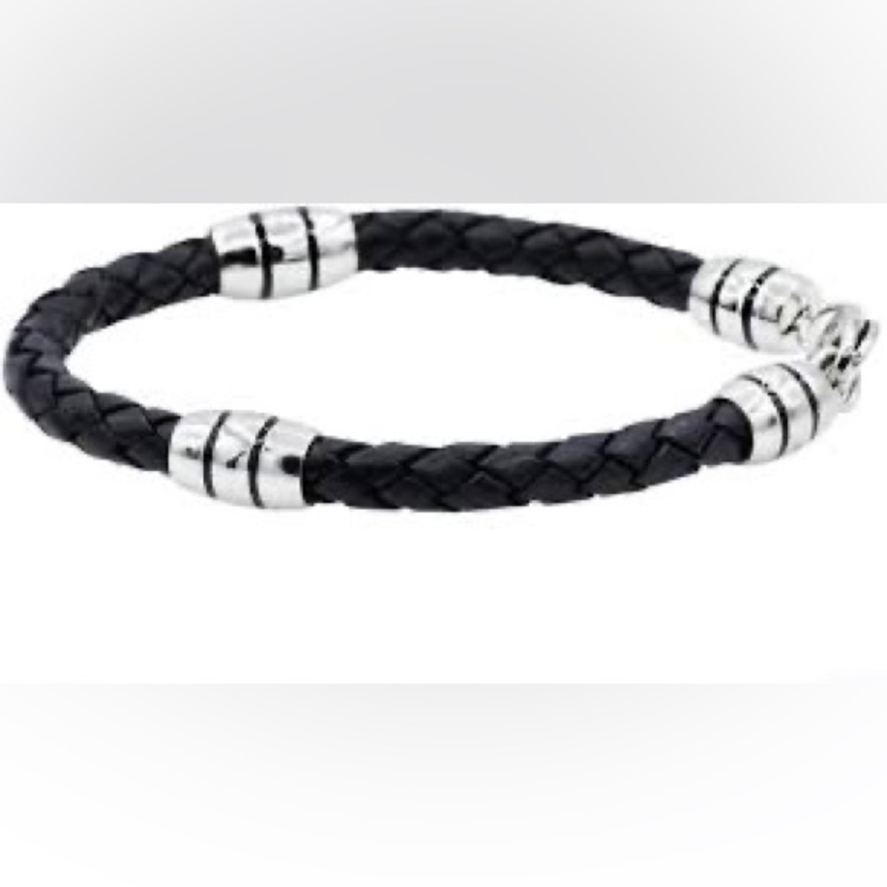 BLACKJACK Mens Black Leather Stainless Steel Bracelet - BJB94 - NWT